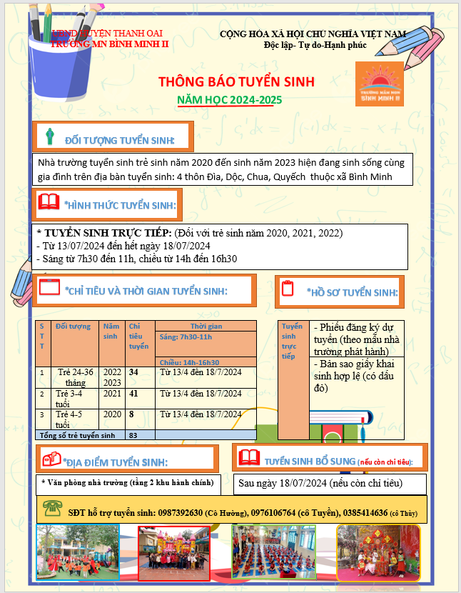 TRƯỜNG MẦM NON BÌNH MINH II THÔNG BÁO TUYÊN SINH NĂM HỌC 2024-2025